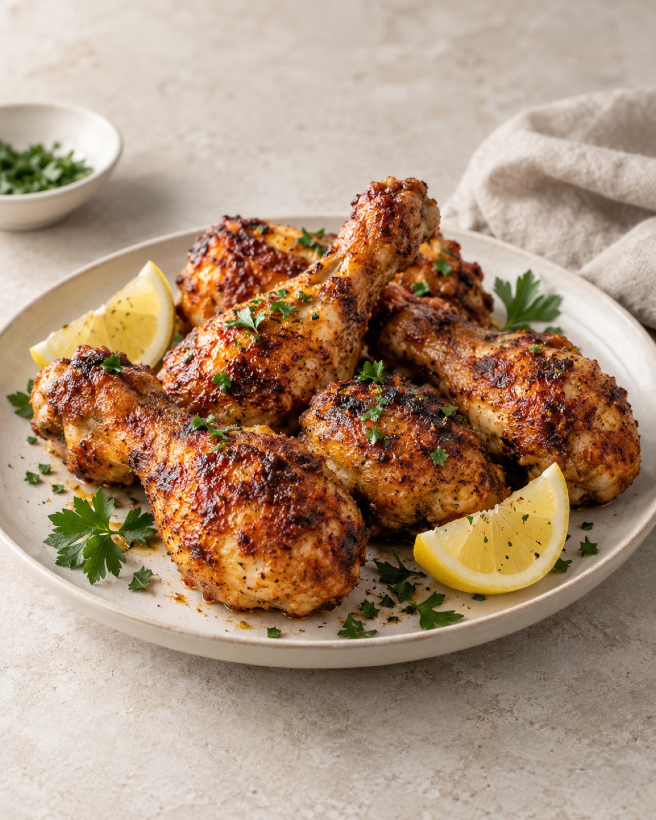 Crispy air fryer chicken drumsticks with lemon and parsley