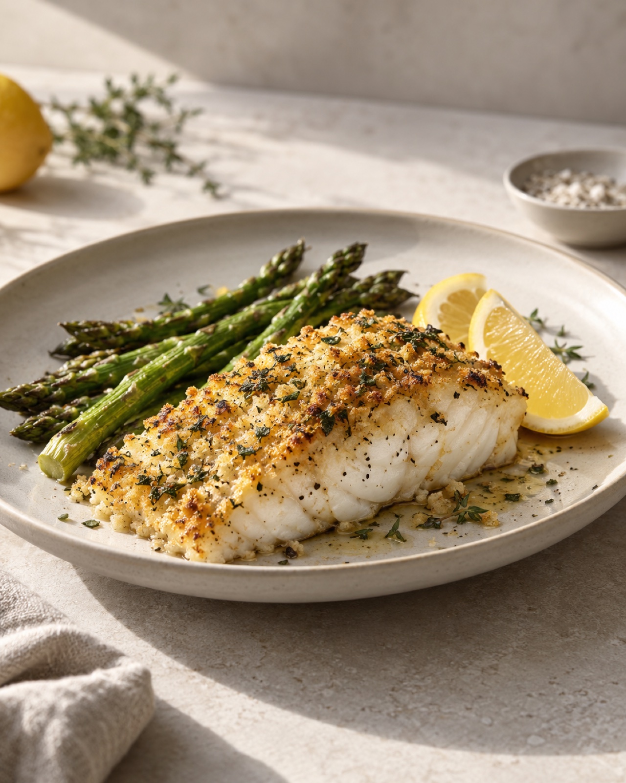 Herb-crusted air fryer cod with lemon and asparagus