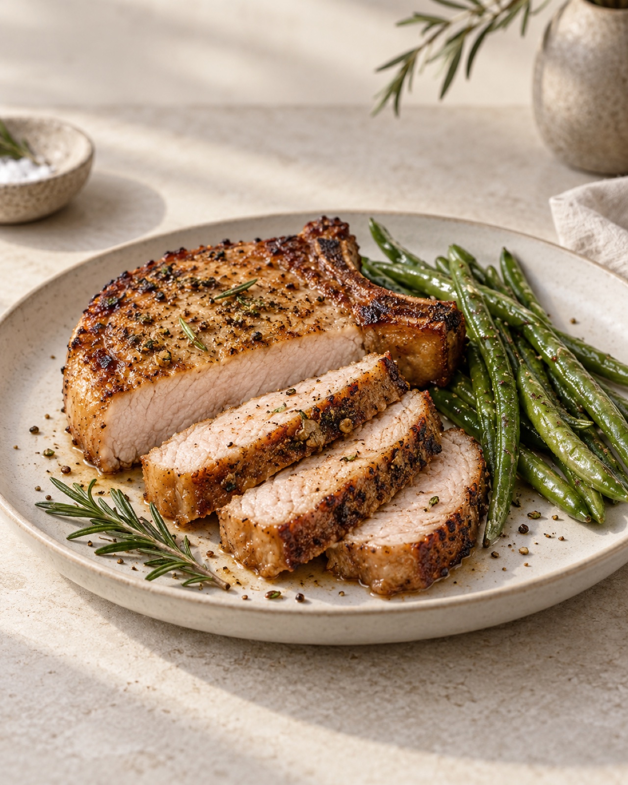 Sliced air fryer pork chops with green beans and rosemary