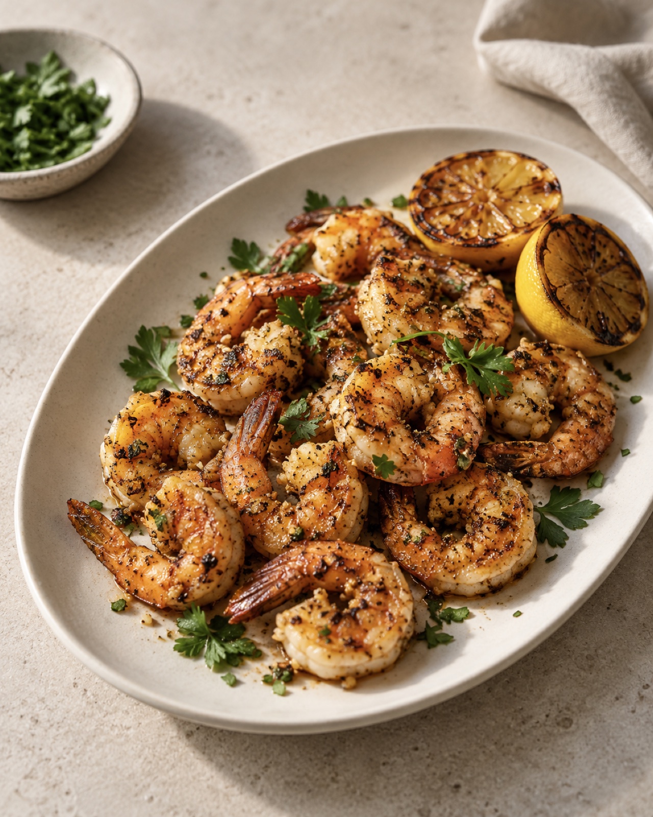 Garlic-lime air fryer shrimp with charred lemon and parsley