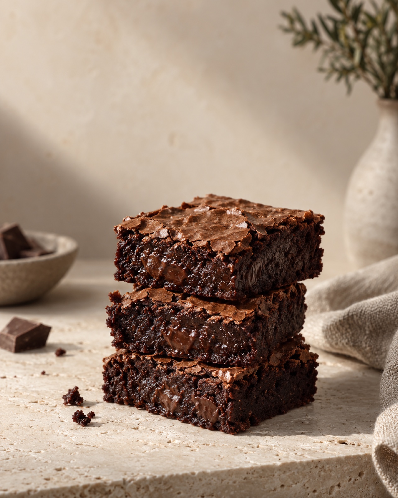 Stack of fudgy gluten-free brownies with crackled tops