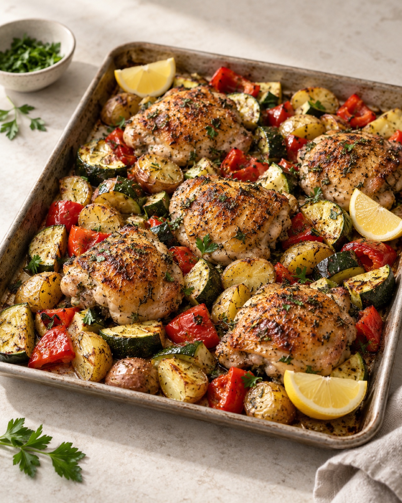 Sheet-pan lemon chicken with roasted vegetables and potatoes