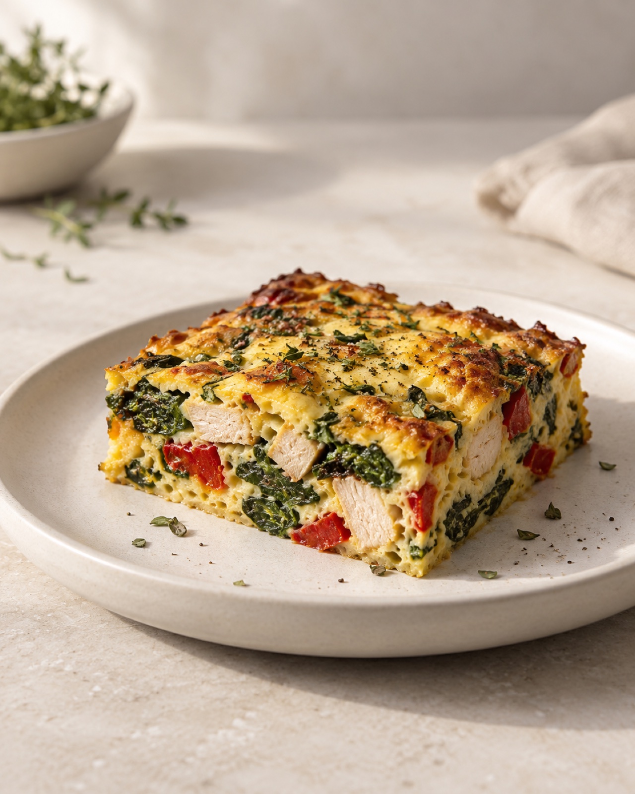 Slice of high-protein breakfast bake with spinach and red pepper