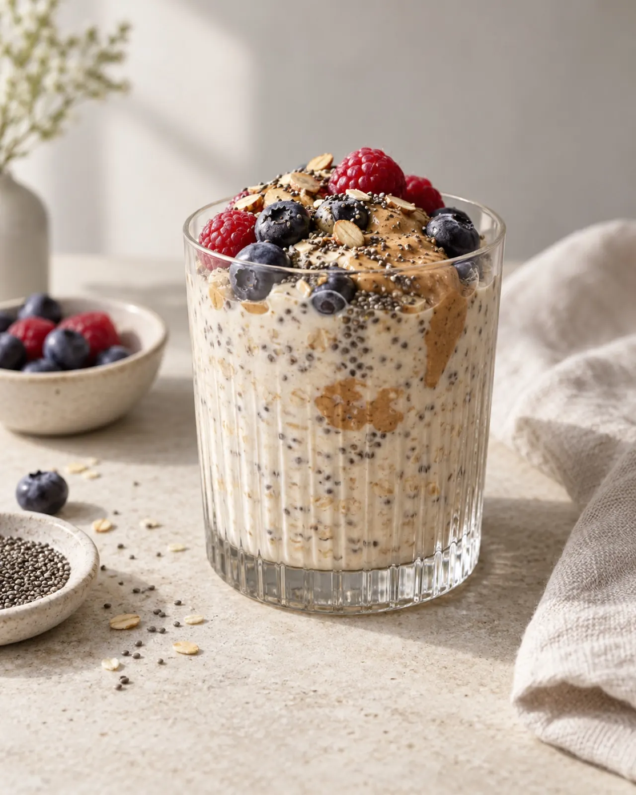 High-protein overnight oats with berries and almond butter