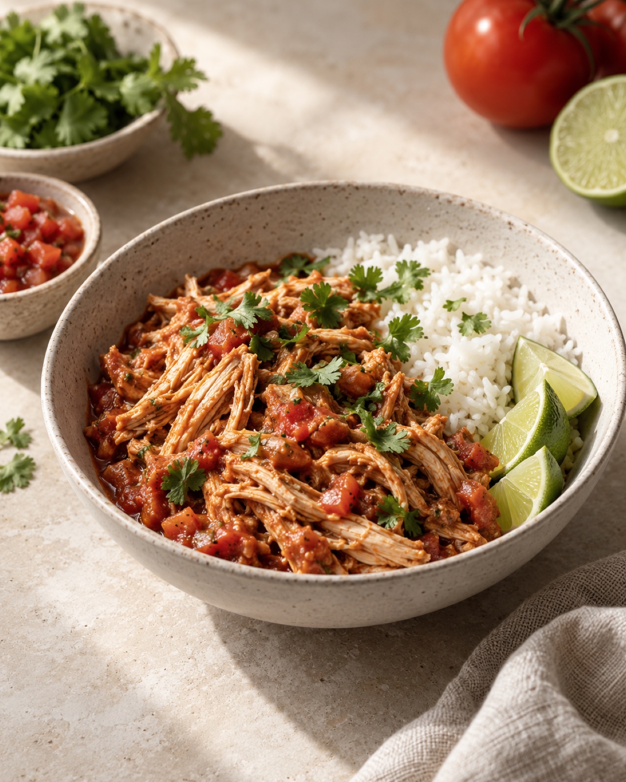 Shredded slow-cooker salsa chicken with lime and cilantro
